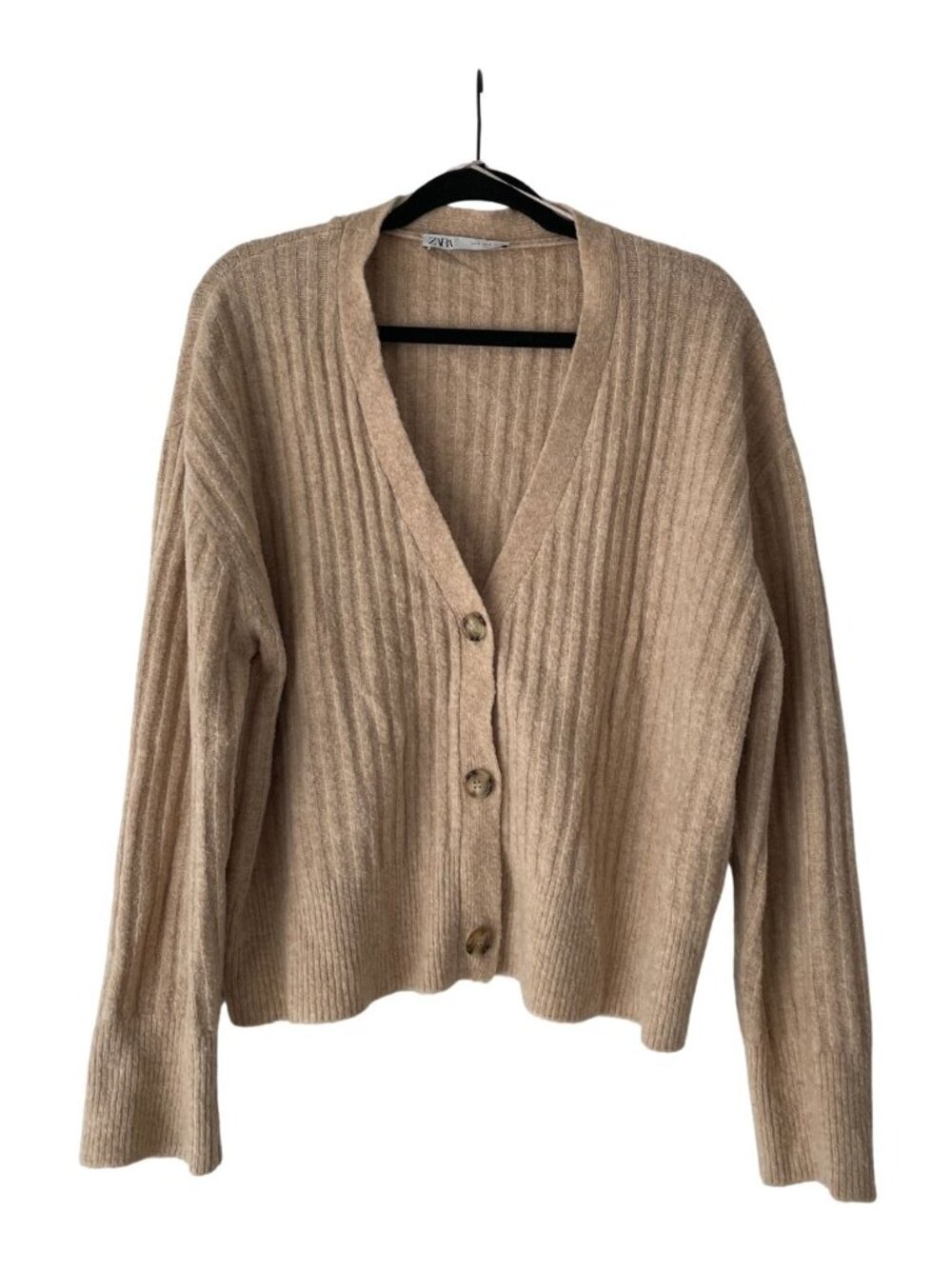 Zara Tan Ribbed Knit Button-Front Cardigan M